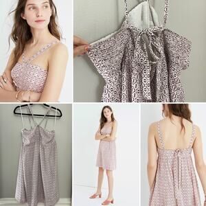 Madewell 100% Silk Convertible Halter Echo Grid Lined Back Zip‎ Smocked Dress 14
